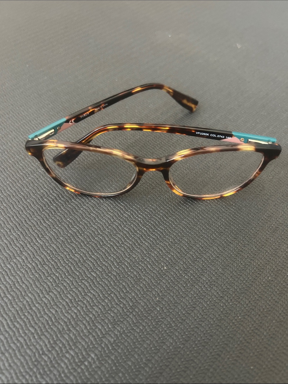 Furla Tortoiseshell Cat-Eye Glasses with Teal Temples